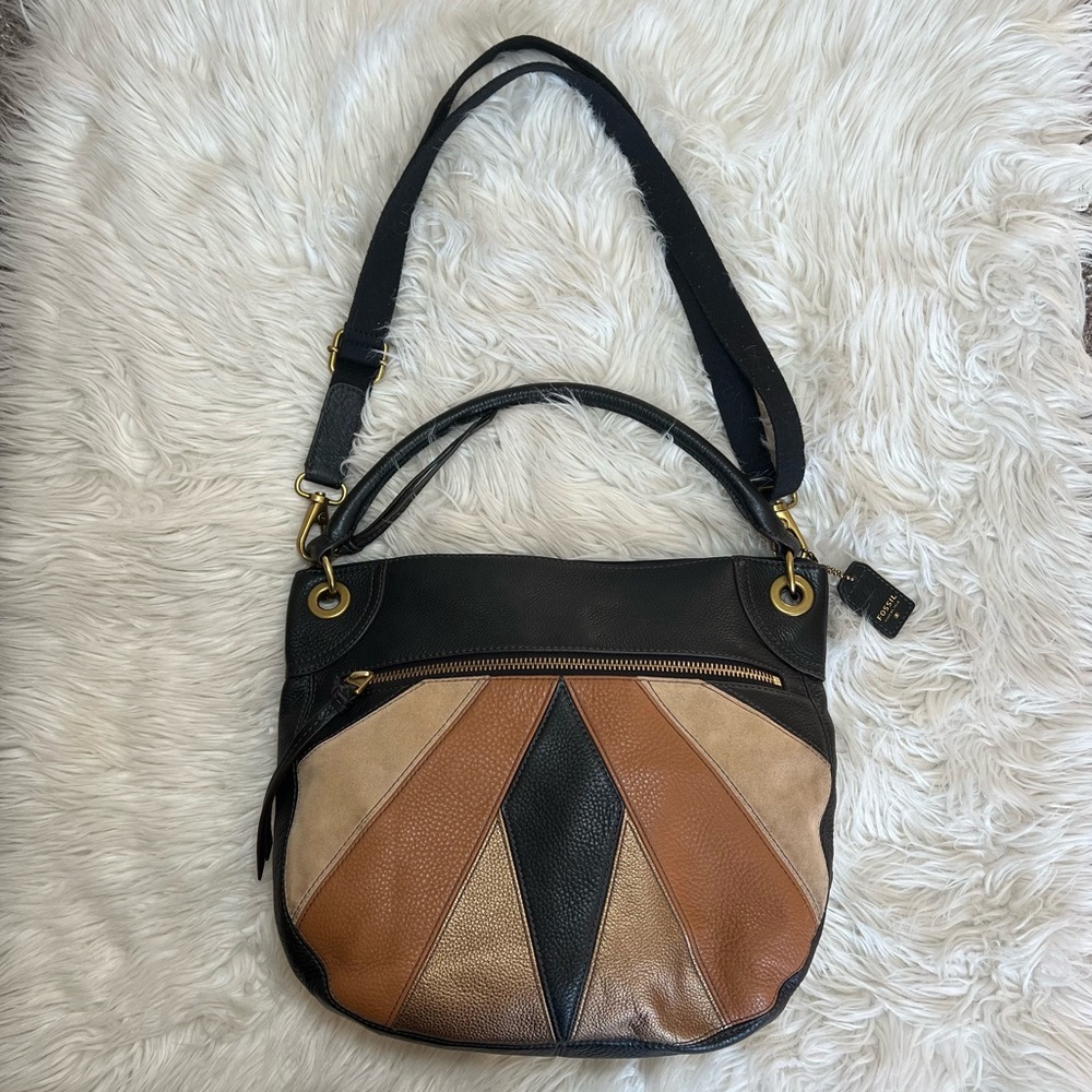 Fossil Karli Convertible Patchwork Hobo Bag — Multicolor Leather & Suede 🖤🤎